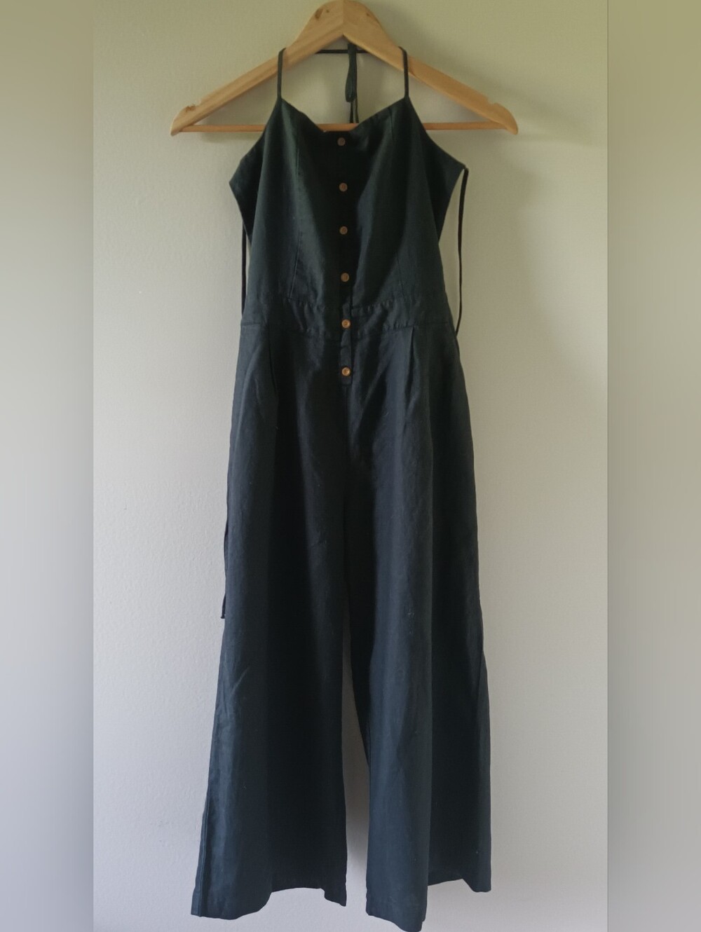 Stelen Cotton/linen Blend Black Wide-Leg Button Front Jumpsuit